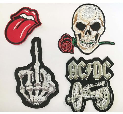 4 Stück Biker Motorrad Rocker Patch Aufbügler Aufnäher - ACDC, Totenkopf, Rolling Stone Zunge, Skelett Aufnäher