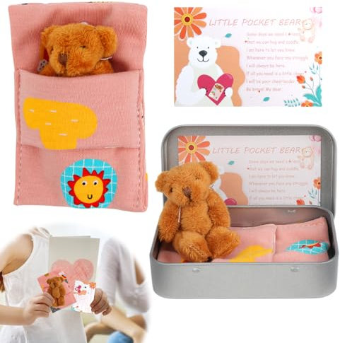 Little Pocket Bear Hug in a Tin Box Mini Stuffed Worry Bear Thinking of You Get Well Soon Key Chain Decoration Positive Christmas Birthday Gifts for Children Women Lover Friend Couple (Brown)