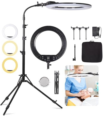 FEIFANTEAM 19 LED Luce Anulare Kit con Stativo, Specchio e Supporto per Telefono per La Fotografia in Studio, Ritratto, Selfies, Live Streaming, Registrazione Video, Riempimento Trucco di Bellezza