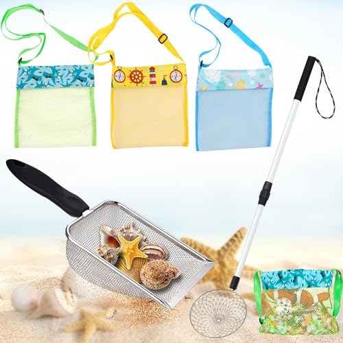 Setaccio per sabbia per la spiaggia, setaccio a denti di squalo, pala da sabbia retrattile, setaccio per sabbia da spiaggia, filtro per sabbia con borsa da spiaggia in rete per raccogliere conchiglie