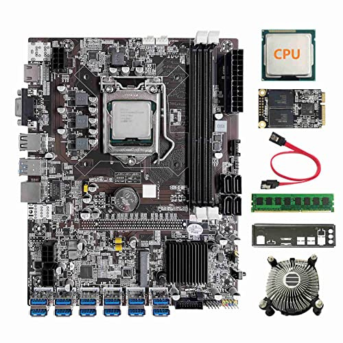 AMIUHOUN B75 12 Karten BTC Mining Motherboard + CPU + Lüfter + 8G DDR3 RAM + 128G SSD + -Kabel + Blende 12USB 3.0 (PCIE1X) LGA1155 DDR3 RAM MSATA