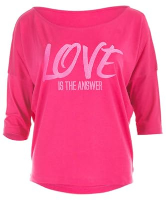 WINSHAPE MCS001 T-Shirt à Manches 3/4 en Modal Ultra léger avec imprimé Rose Fluo à Paillettes « Love is The Answer Dance Style »