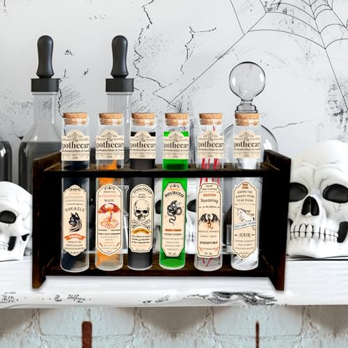 Ainswei Halloween Potion Bottles,Halloween Decorations Indoor,Halloween Witch Apothecary Potion Rack,Magic Potion Bottle Stand with Spell Lables for Witch Prop Decoration (Classic)