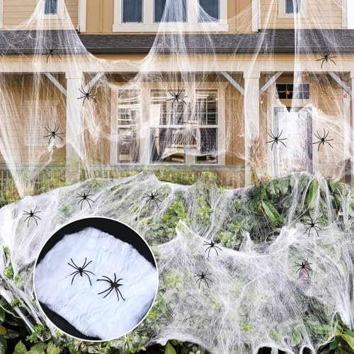 LMSHOWOWO Ragnatela Halloween, 200g Ragnatela Bianca Estensibili e 60 pezzi Ragni di Plastica, Ragnatela Spettrale Halloween Decorazioni, per Casa Infestata, Decorazione Interna ed Esterna Horror