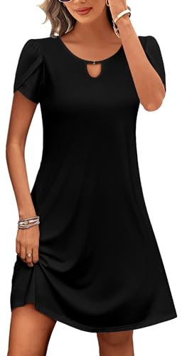 Zeagoo Femme Robe Ete Col Rond Chic Robe à Manches Courtes Robe Tunique Décontractée Robe avec Poches Noir L