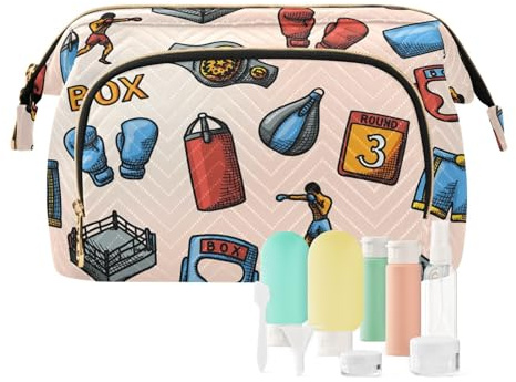 Women Wave Quilt Cosmetic Bag, Zipper Toiletry Storage 10.2x5.9x6.7 in, Pouch Handbag Makeup Case Purse Holder Organizer Print Boxing Gloves Shorts Helmet Boxer Ring Punch bags