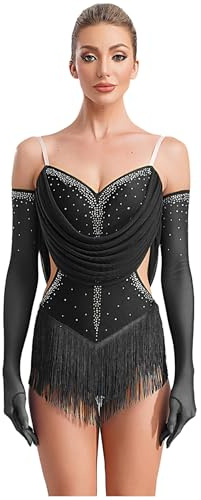 RUNQHUI Body da donna Pattinaggio Artistico Stringato Strass con Guanti Vestito Vestito Danza Latina Costume Ginnastica Leotard Body