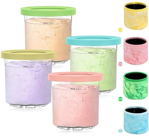 Cong.Lai 4er-Set Creami Behälter für die Ninja Creami Eismaschine - Tubs Zubehör mit Neoprenhülle für NC301 NC300 NC299AMZ-Serie, BPA-frei, Spülmaschinenfest, Auslaufsicher - Wiederverwendbar