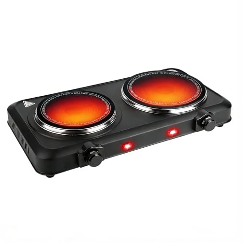 1800W Electric Stove Infrared Burner, Portable Double Burner Electric Cooktop with Stepless Temperature Adjustments, Counter Dual Stove with 7.5” Glass Cooktop for Home RV Camp Cooking