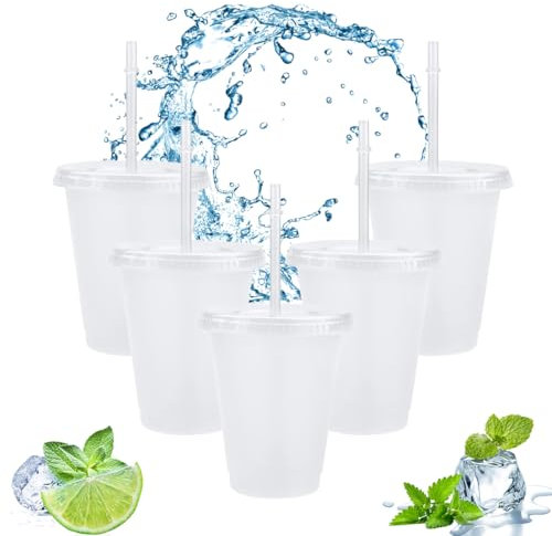 Clear Plastic Cups with Lids and Straws, 5Pcs Reusable & BPA Free Iced Water Cups, Cold Drinking Tumblers, Custom Cup for Coffee Smoothie Juices, Party Cup Bulk for Adult Kid Women (17oz/500ml)