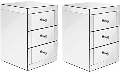 Table de Chevet Miroir en Verre, Meuble de Rangement avec 3 Tiroirs pour Chambre, Salon, Bureau, 40 x 40 x 60 cm (2)