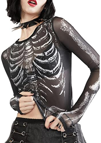 Feclmiyt Women Halloween Mesh Skeleton Print Tops Long Sleeve Black Skull Sheer Mesh Fitted Crop Tops Casual Horror Shirt (A-01, S)