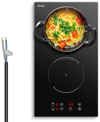 Hobsir Placa de inducción 2 fuegos, doble autosuficiente 30 cm, Control táctil individual, 3500W, Hard-wired, Temporizador, Bloqueo de seguridad, 220-240V, Sin enchufe