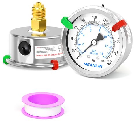MEANLIN MEASURE 0~14bar/0~200Psi Manometer 1/4BSP, 2.5Zifferblatt, Edelstahl-Flüssigkeitsdruckmesser mit Rückseitige Montage, WOG Wasser, Öl, Luft (mit 2 Stück Schnappverschlüssen)