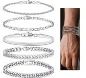 RANKEEF Edelstahl Armbänder für Männer - Figaro Seil Cuban Link 5-teilig Edelstahl Männer Silber Armband Set 19/21/23 cm Geschenke für Vater, Ehemann, Freund