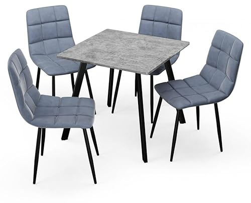 URBNLIVING 80cm Square Table with 4 Velvet Chairs | Stylish Dining Set for Apartment & Small Spaces - Concrete Table Madison Blue Chair