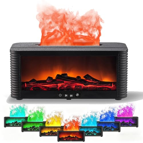 RoserRose Aroma Diffuser mit LED Kamin, Tischkamin Indoor mit Realistischen Flammen-Effekt, 7 Farblichtmodi & Fernbedienung, 250ml Ultraschallbefeuchter für Wohnzimmer Schlafzimmer