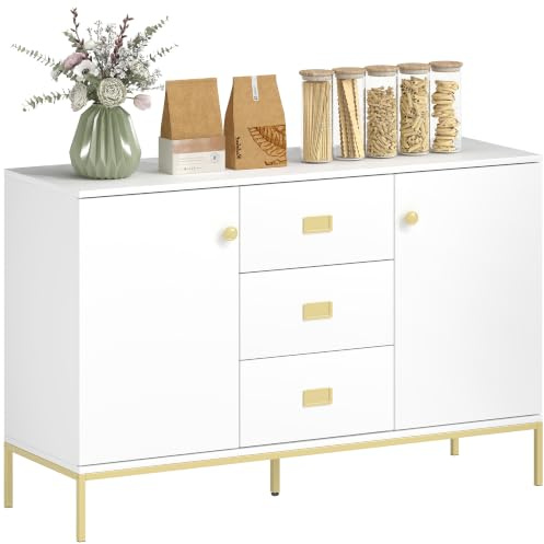 HOMCOM Sideboard, Kitchen Cabinet, 120 x 39.5 x 77cm, White | 3 Drawers, Modern Storage Cupboard, 2 Doors, Adjustable Shelves, Dining Room, Living Room