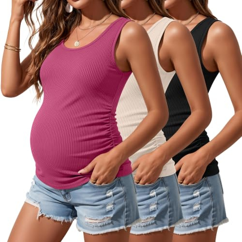 Riyiper Confezione da 3 Canotte Premaman da Donna, Senza Maniche, in Cotone, con Lati in Maglia a Coste e Arricciate