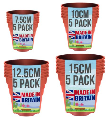 20 Pack Plastic Plant Pots Mixed Sizes - Made in UK - 7.5cm 10cm 12.5cm 15cm - Nursery Pots - Recyclable - With Drainage Holes - BPA Free - Terracotta