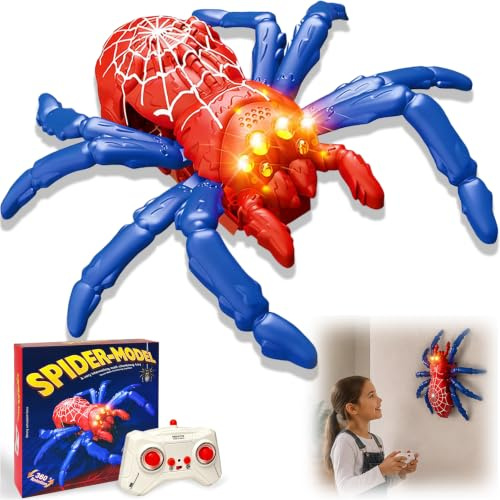 DONGTATA Ferngesteuerte Kletterspinne RC Spinne Wiederaufladbar mit LED Augen 360° Drehung Krabbelt an Wand Decke und Boden USB Aufladung Geschenk für Kinder Jugendliche und Erwachsene