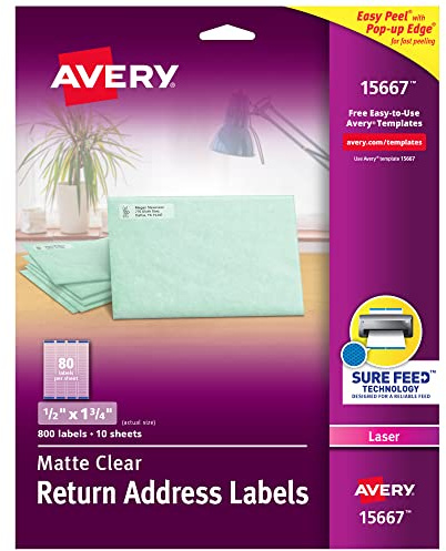 Avery Printable Return Address Labels with Sure Feed, 0.5 x 1.75, Matte Clear, 800 Blank Mailing Labels (15667)