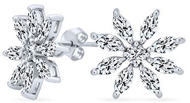 Boucles D'Oreilles Élégantes En Argent Sterling .925 Avec Des Zircons Marquise Motif De Fleur De Noël Et Flocon De Neige Pour Femmes