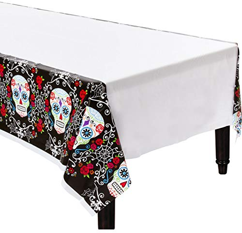 Amscan 571519-55 - Tischdecke Day of the Dead, aus Plastik, Größe 137 x 243 cm, Deko, Tuch, Tischläufer, Mexiko, Dia de los Muertos, Halloween, Horror-Party, Mottoparty, Schwarz