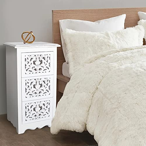 topfurnishing Natural Hand Made Indian Mango Wood 3 Drawer Storage Unit Bedside Table[White]