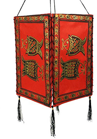 GURU SHOP Lokta Papier Hänge Lampenschirm, Deckenleuchte aus Handgeschöpftem Papier - Fisch Rot, Lokta-Papier, 28x18x18 cm, Asiatische Lampenschirme aus Papier & Stoff
