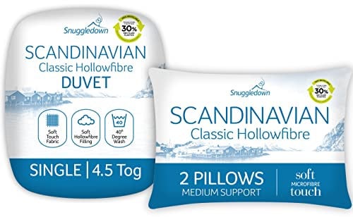 Snuggledown Soft Touch Single Duvet 4.5 Tog & 2 Pillows - Lightweight & Breathable Cool Summer Quilt for Hot Sleepers | UK-Made, Satin Striped Cover, Non-Allergenic, Machine Washable (135 x 200cm)