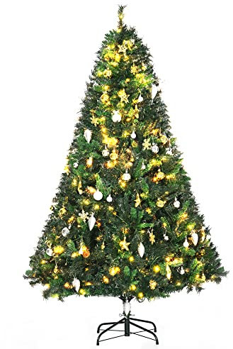 HOMCOM 1.8m 6ft Pre-Lit Artificial Christmas Tree 200 LED Xmas Tree Holiday Décor with Decorative Balls Ornament Metal Stand