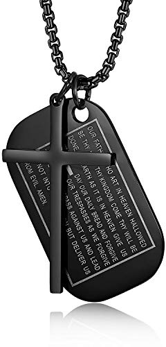 JewelryWe Schmuck Herren Kreuz Halskette, Retro Kruzifix Englisch Bibel Herr Gebet Erkennungsmarken Dog Tag Anhänger mit 24 Zoll Kette, Edelstahl, Schwarz, kostenlos Gravur