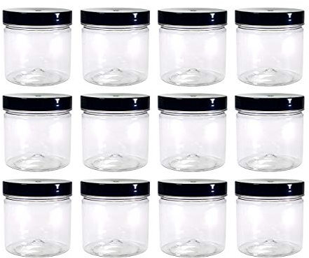 Pack of 12 Small Round 250ml Plastic Jars with Black Lids by Britten & James. Perfect for Food Storage, Camping, Hardware Storage, Crafts and Slime Making