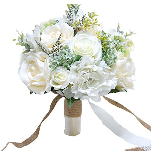Fiwisora Brautstrauß, 24,9 cm, echt aussehende gemischte Blumen, elfenbeinfarben, Grün, Brautstrauß für Hochzeit, Braut, Brautjungfer, Hochzeit, Halteblume, elfenbeinfarbener Blumenstrauß