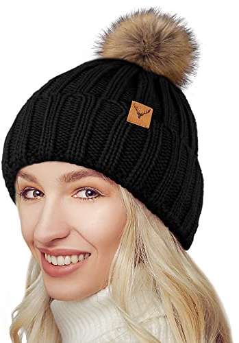 NEOLA Winetermütze mit Bommel für Damen Bommelmütze Warme Gestrickte Beanie, Strickmütze mit Pompom und Fleecefutter, Dicke Ohrenschutz Hut für Winter Frühling Herbst