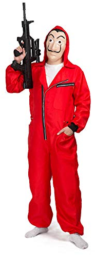 MIMIKRY Unisex Bankräuber Kostüm Overall und Dali Maske Gruppenkostüm, Größe:XL