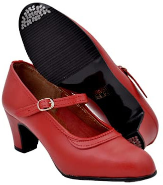 PASARELA - Zapatos de Baile Flamenco de Piel con Hebilla y Clavos Rojo Mujer Cuero Mujer Color: Rojo Talla: 38