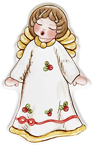 THUN - Piatto da Portata a Forma di Angelo in Porcellana Decorata a Mano, Linea Sweet Christmas, 33x21x2 cm