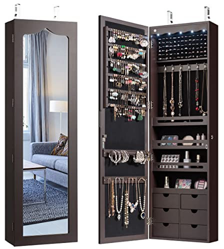 COSTWAY Armoire à Bijoux Murale avec Miroir, Inclus 5 Lumières LED, Emplacement pour Boucles d'Oreiller,Bracelets,Bag etc. Installable sur Mur ou Porte, 36,5 x 11,5 x 120 cm (Marron)