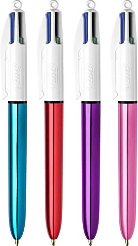 BIC - Lot de 4 Stylos 4 Couleurs Shine - Pointe Moyenne (1,0 mm) - Corps Métallisés : Rouge, Bleu, Rose, Violet