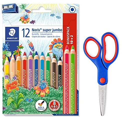 STAEDTLER extra dicke Buntstifte Noris super jumbo mit ABS-System und Bastelschere Noris Club mit gerundeten Klingen, 12 Buntstifte inkl. Spitzer und 14cm Schere, 129 NC12P1X