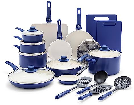 GreenLife Soft Grip 23 Piece Kitchen Cookware Pots and Frying Saucepans Set, Healthy Ceramic Nonstick PFAS and PFOA-Free, Dishwasher and Oven Safe, Even Heating, Easy Clean, Warp Control, Blue