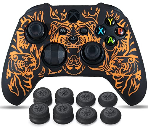 YoRHa Laser Carving Silicone Skin for Xbox Series X/S Controller x 1(Tiger Orange) with Pro Thumb Grips x 8