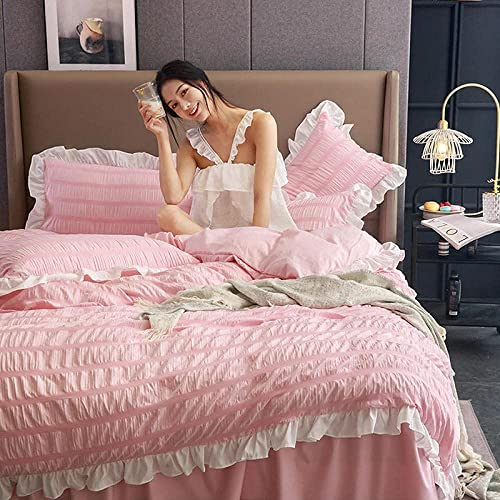 GUOJM Bettbezüge Betten Weiß Grau Doppelbett, gekräuselter Bettbezug aus Seersucker-Spitze für Mädchen, Tagesdecke, Bettrock, Bettwäsche, Teenager (Rosa Doppelbett 1,5 m Bett 200 * 230 cm, 4 Stück