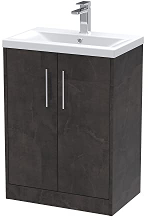 Hudson Reed JNU2603A Juno Floor Standing 2 Door Vanity Unit & Mid-Edge Ceramic Basin, 600mm, Matt Metallic Slate