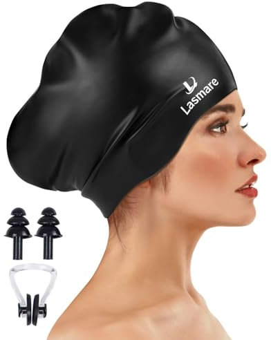 Large Long Hair Swim Cap with Extra Room for Women Men, Silicone Swimming Cap for Long Thick Hair with Ear Plugs Nose Clip Set, Adult Waterproof Swim Hats Bathing Caps to Keep Hair Dry(Black)