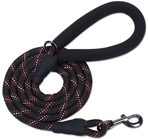 VIVAGLORY Laisse en Corde Robuste avec poignée rembourrée en néoprène Doux et Fils réfléchissants, Laisse 180CM pour Dressage et Promenade Chiens Moyens et Grands, Noir