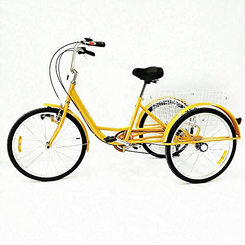 Fetcoi 24 Zoll 6 Gang Erwachsenen-Dreirad, 3-Rad Fahrrad Mit Led Licht+Einkaufskorb, Gelb, Max Belastung 120kg, Für Damen, Herren, Geschenk