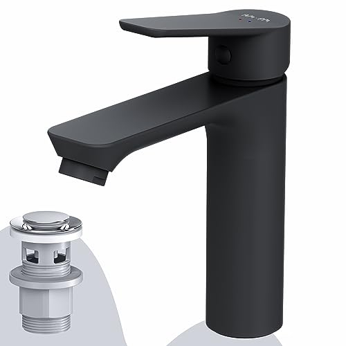 AM.PM Hit Waschtischarmatur mit Klick-Ablaufgarnitur, SoftMotion Keramikkartusche 30mm, Neoperl Aerator, kratzfest, leicht zu reinigen, Shwarz, 5 Jahre Garantie (FTA82122)